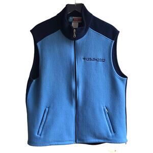 Vintage Team USA Olympics 2002 Roots Fleece Vest Pockets Full Zip Flag Navy Blue